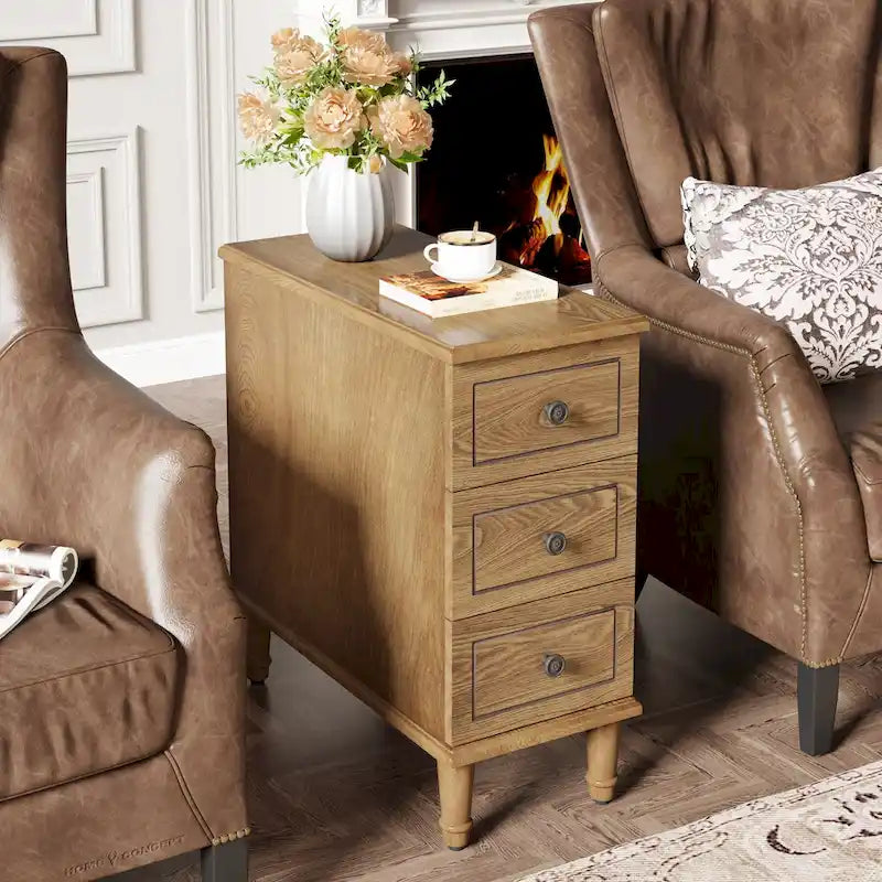 Table d'appoint étroite en bois massif marron foncé/noir/marron clair avec 3 tiroirs - Usage unique