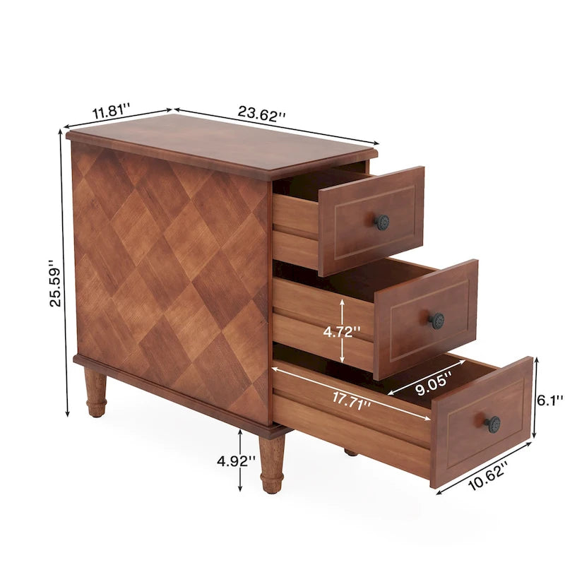 Table d'appoint étroite en bois massif marron foncé/noir/marron clair avec 3 tiroirs - Usage unique
