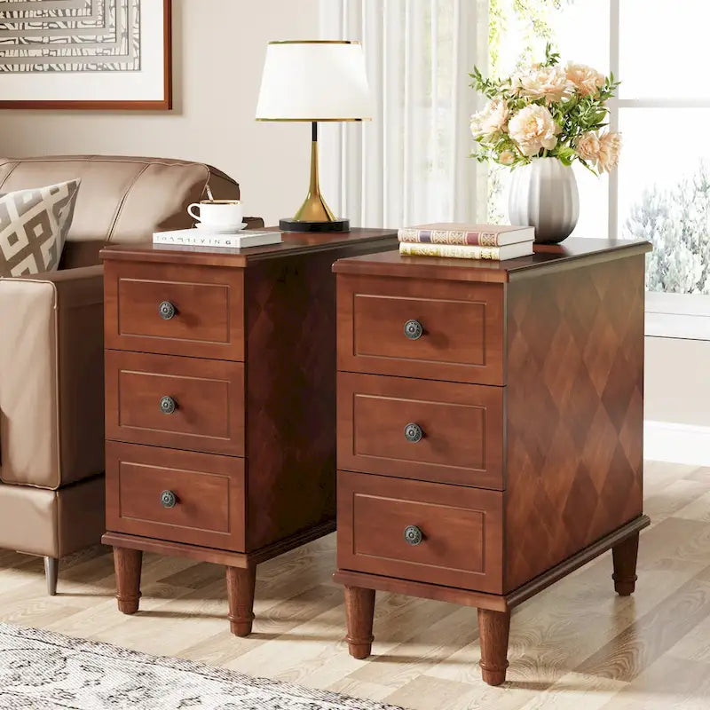 Table d'appoint étroite en bois massif marron foncé/noir/marron clair avec 3 tiroirs - Usage unique