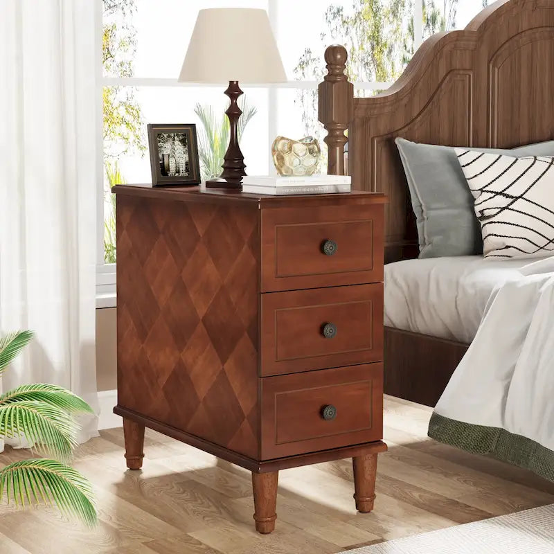 Table d'appoint étroite en bois massif marron foncé/noir/marron clair avec 3 tiroirs - Usage unique