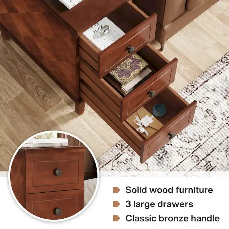 Table d'appoint étroite en bois massif marron foncé/noir/marron clair avec 3 tiroirs - Usage unique