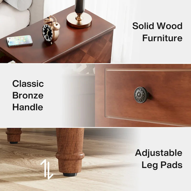 Table d'appoint étroite en bois massif marron foncé/noir/marron clair avec 3 tiroirs - Usage unique