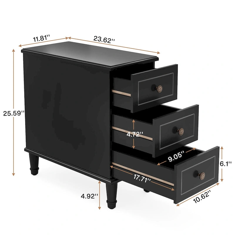 Table d'appoint étroite en bois massif marron foncé/noir/marron clair avec 3 tiroirs - Usage unique