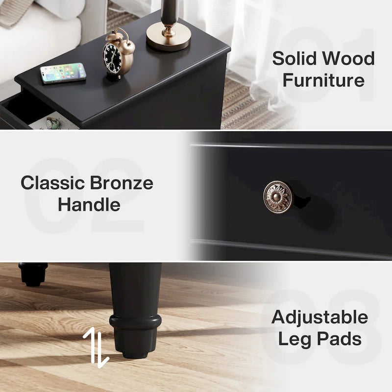 Table d'appoint étroite en bois massif marron foncé/noir/marron clair avec 3 tiroirs - Usage unique