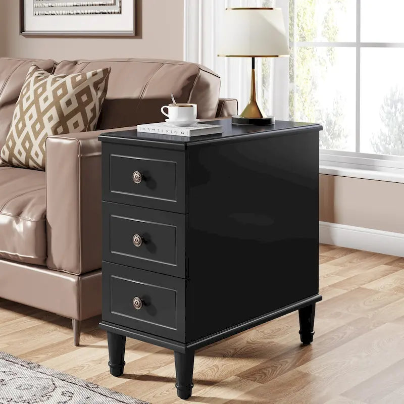 Table d'appoint étroite en bois massif marron foncé/noir/marron clair avec 3 tiroirs - Usage unique
