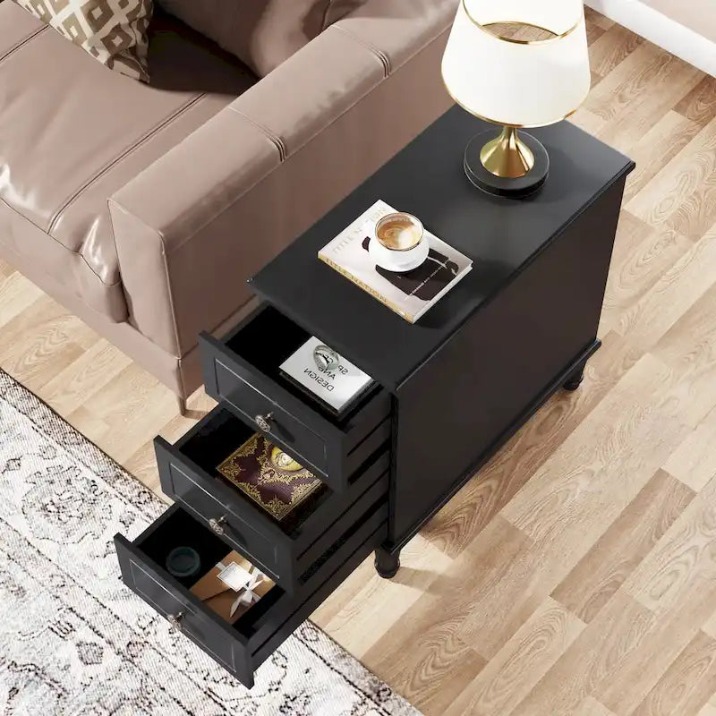 Table d'appoint étroite en bois massif marron foncé/noir/marron clair avec 3 tiroirs - Usage unique