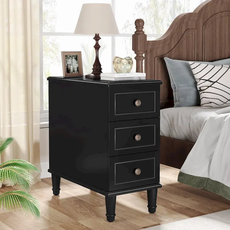 Table d'appoint étroite en bois massif marron foncé/noir/marron clair avec 3 tiroirs - Usage unique