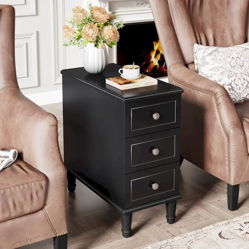 Table d'appoint étroite en bois massif marron foncé/noir/marron clair avec 3 tiroirs - Usage unique