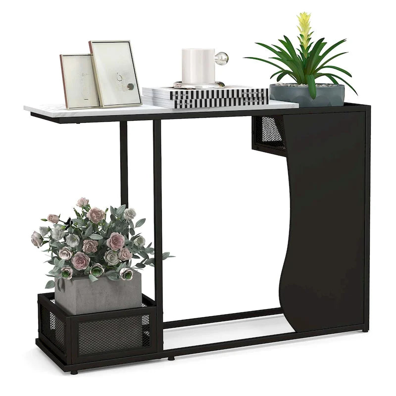 Table console plateau faux marbre blanc + noir avec 2 cubes de rangement grillagés - Usage unique