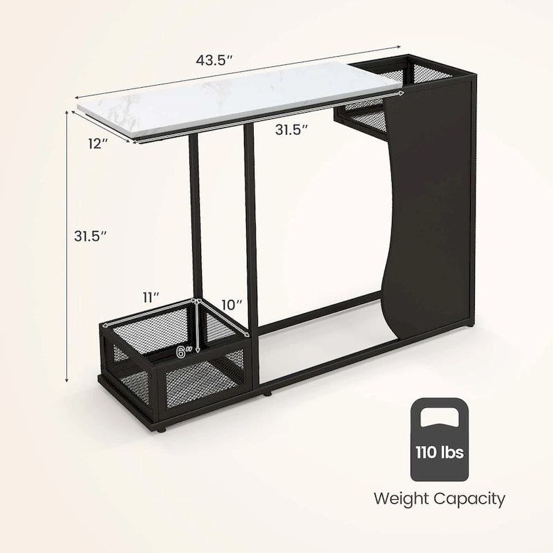 Table console plateau faux marbre blanc + noir avec 2 cubes de rangement grillagés - Usage unique