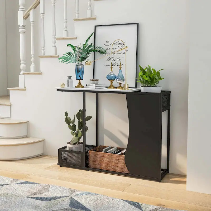 Table console plateau faux marbre blanc + noir avec 2 cubes de rangement grillagés - Usage unique