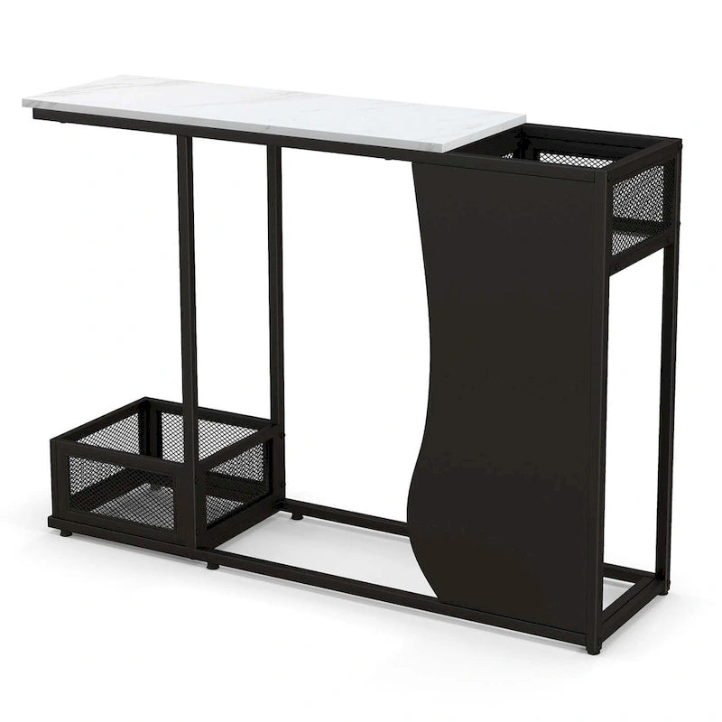 Table console plateau faux marbre blanc + noir avec 2 cubes de rangement grillagés - Usage unique