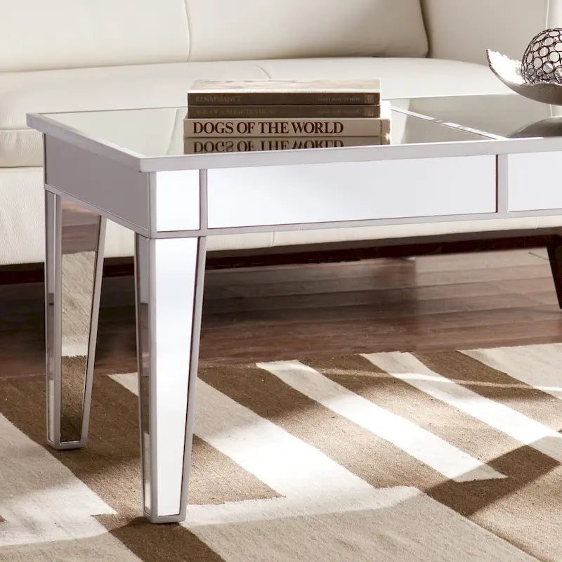 Table basse rectangulaire miroir argenté avec bordure métallique - Usage unique