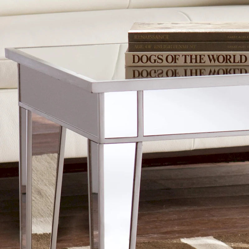 Table basse rectangulaire miroir argenté avec bordure métallique - Usage unique