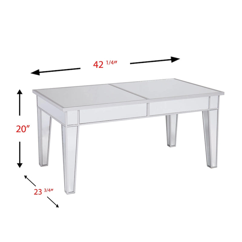 Table basse rectangulaire miroir argenté avec bordure métallique - Usage unique