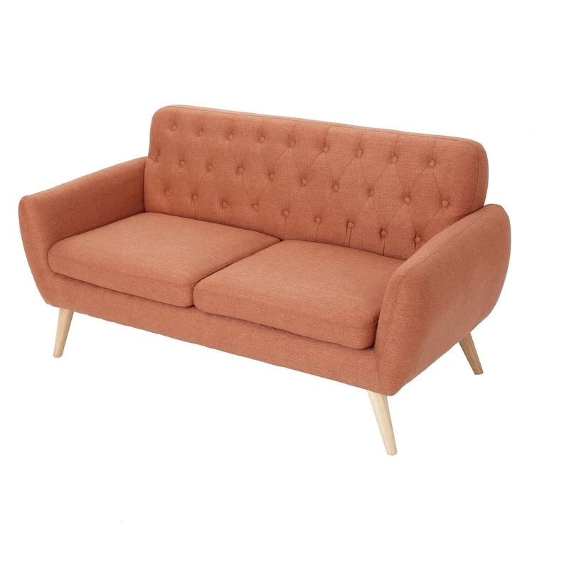 Petit canapé moderne du milieu du siècle en polyester orange/gris/bleu avec dossier capitonné et pieds en bois inclinés - 2 places