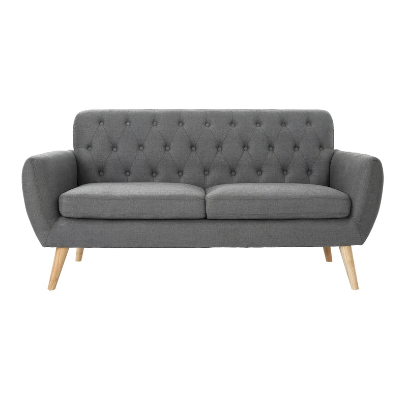Petit canapé moderne du milieu du siècle en polyester orange/gris/bleu avec dossier capitonné et pieds en bois inclinés - 2 places