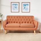 Petit canapé moderne du milieu du siècle en polyester orange/gris/bleu avec dossier capitonné et pieds en bois inclinés - 2 places