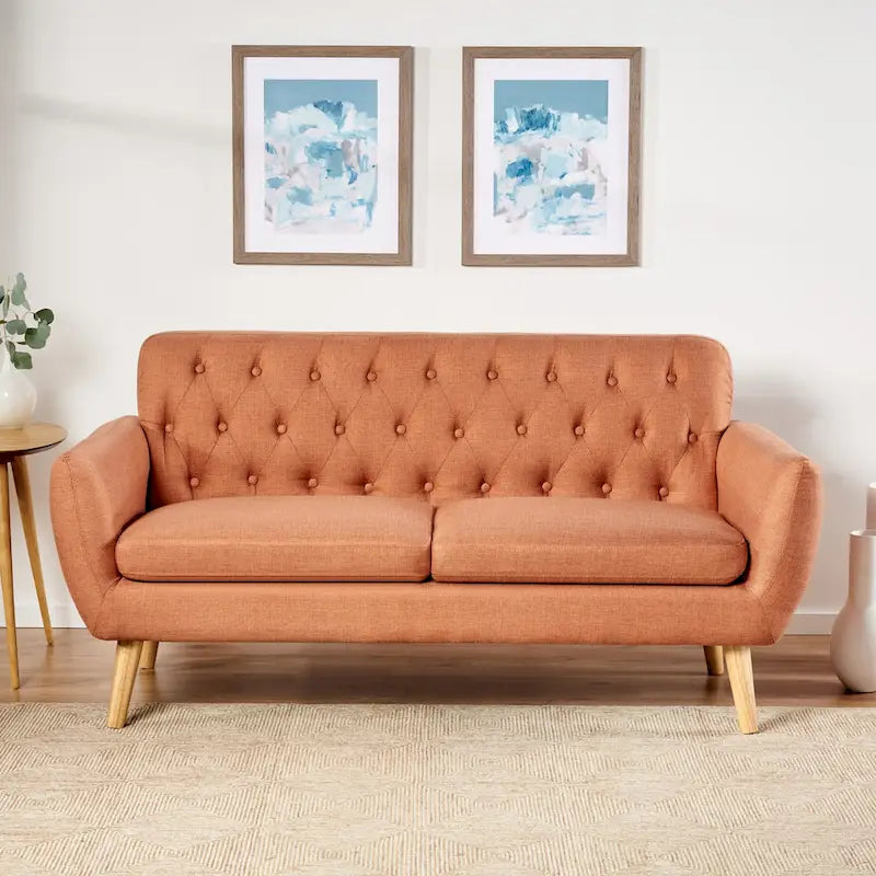 Petit canapé moderne du milieu du siècle en polyester orange/gris/bleu avec dossier capitonné et pieds en bois inclinés - 2 places