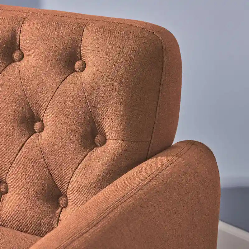 Petit canapé moderne du milieu du siècle en polyester orange/gris/bleu avec dossier capitonné et pieds en bois inclinés - 2 places