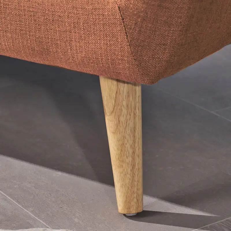 Petit canapé moderne du milieu du siècle en polyester orange/gris/bleu avec dossier capitonné et pieds en bois inclinés - 2 places