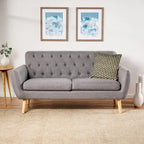 Petit canapé moderne du milieu du siècle en polyester orange/gris/bleu avec dossier capitonné et pieds en bois inclinés - 2 places