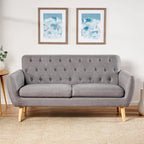 Petit canapé moderne du milieu du siècle en polyester orange/gris/bleu avec dossier capitonné et pieds en bois inclinés - 2 places