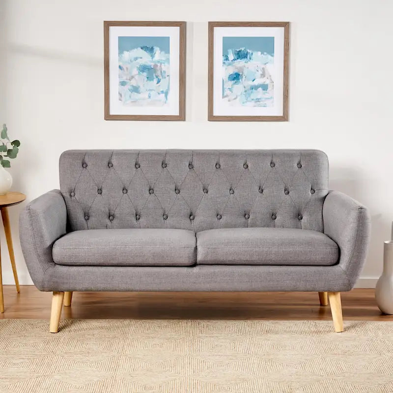 Petit canapé moderne du milieu du siècle en polyester orange/gris/bleu avec dossier capitonné et pieds en bois inclinés - 2 places