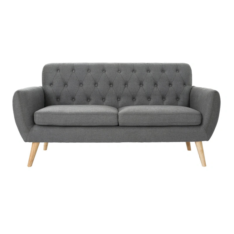 Petit canapé moderne du milieu du siècle en polyester orange/gris/bleu avec dossier capitonné et pieds en bois inclinés - 2 places