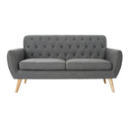 Petit canapé moderne du milieu du siècle en polyester orange/gris/bleu avec dossier capitonné et pieds en bois inclinés - 2 places