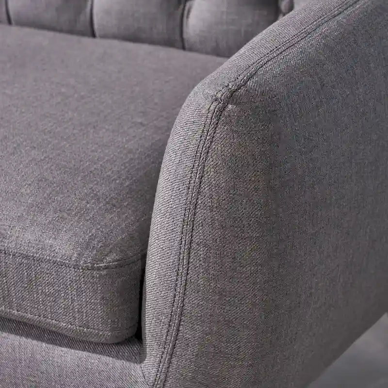 Petit canapé moderne du milieu du siècle en polyester orange/gris/bleu avec dossier capitonné et pieds en bois inclinés - 2 places