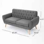 Petit canapé moderne du milieu du siècle en polyester orange/gris/bleu avec dossier capitonné et pieds en bois inclinés - 2 places