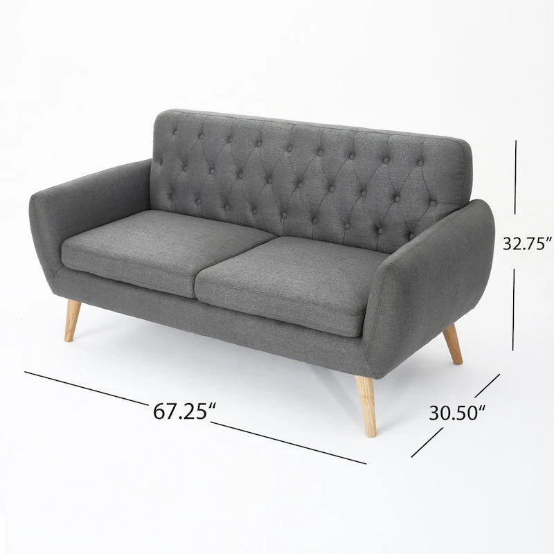 Petit canapé moderne du milieu du siècle en polyester orange/gris/bleu avec dossier capitonné et pieds en bois inclinés - 2 places