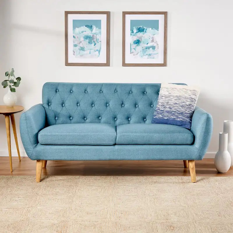 Petit canapé moderne du milieu du siècle en polyester orange/gris/bleu avec dossier capitonné et pieds en bois inclinés - 2 places