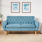 Petit canapé moderne du milieu du siècle en polyester orange/gris/bleu avec dossier capitonné et pieds en bois inclinés - 2 places