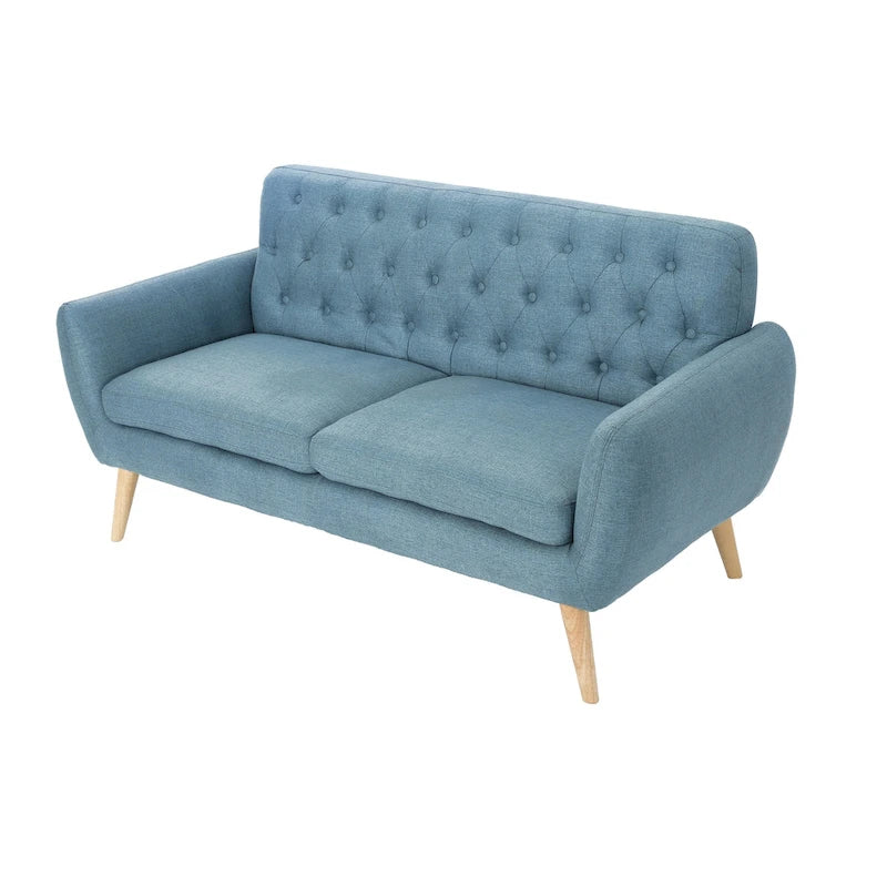 Petit canapé moderne du milieu du siècle en polyester orange/gris/bleu avec dossier capitonné et pieds en bois inclinés - 2 places