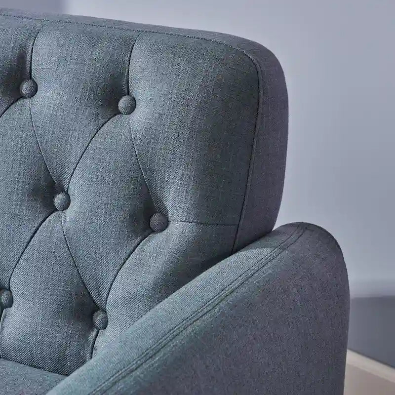 Petit canapé moderne du milieu du siècle en polyester orange/gris/bleu avec dossier capitonné et pieds en bois inclinés - 2 places