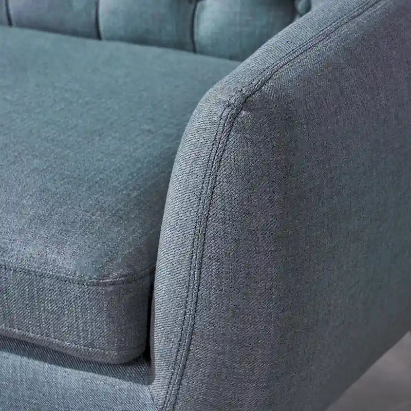 Petit canapé moderne du milieu du siècle en polyester orange/gris/bleu avec dossier capitonné et pieds en bois inclinés - 2 places