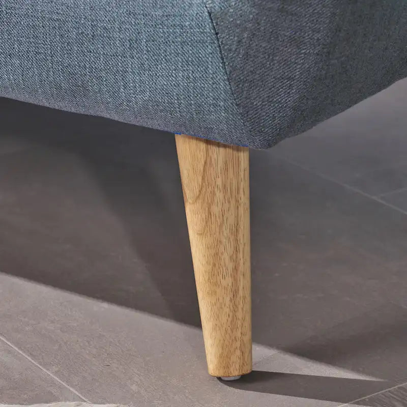 Petit canapé moderne du milieu du siècle en polyester orange/gris/bleu avec dossier capitonné et pieds en bois inclinés - 2 places