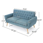 Petit canapé moderne du milieu du siècle en polyester orange/gris/bleu avec dossier capitonné et pieds en bois inclinés - 2 places