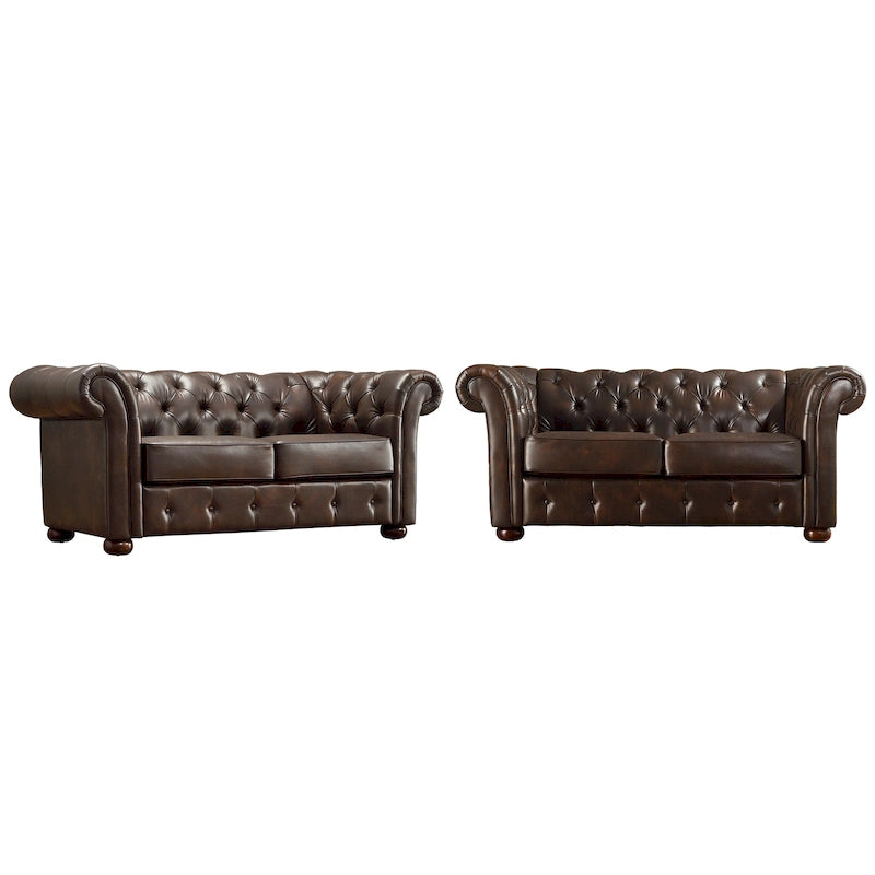 Causeuse capitonnée Chesterfield en cuir reconstitué marron/microfibre grise - 2 places