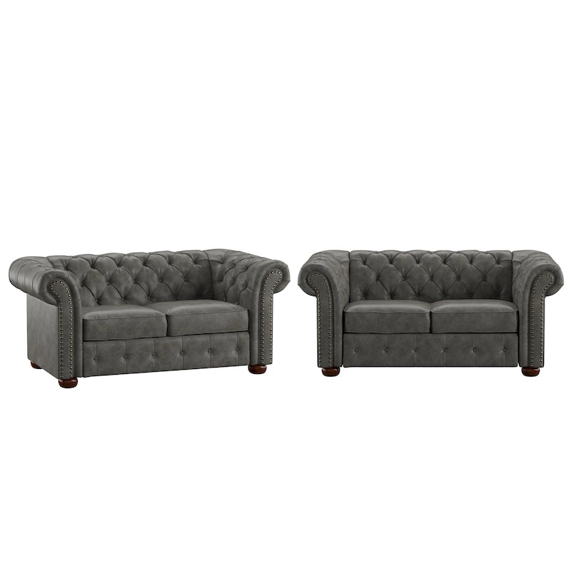 Causeuse capitonnée Chesterfield en cuir reconstitué marron/microfibre grise - 2 places