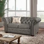 Causeuse capitonnée Chesterfield en cuir reconstitué marron/microfibre grise - 2 places