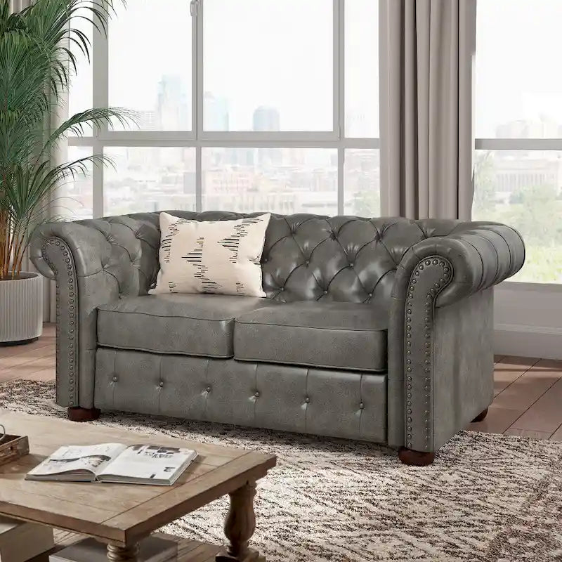 Causeuse capitonnée Chesterfield en cuir reconstitué marron/microfibre grise - 2 places