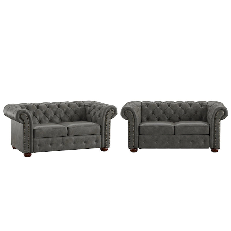Causeuse capitonnée Chesterfield en cuir reconstitué marron/microfibre grise - 2 places