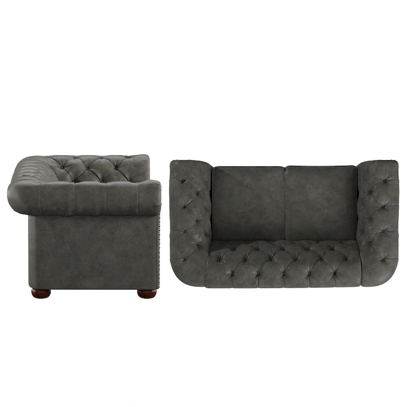 Causeuse capitonnée Chesterfield en cuir reconstitué marron/microfibre grise - 2 places