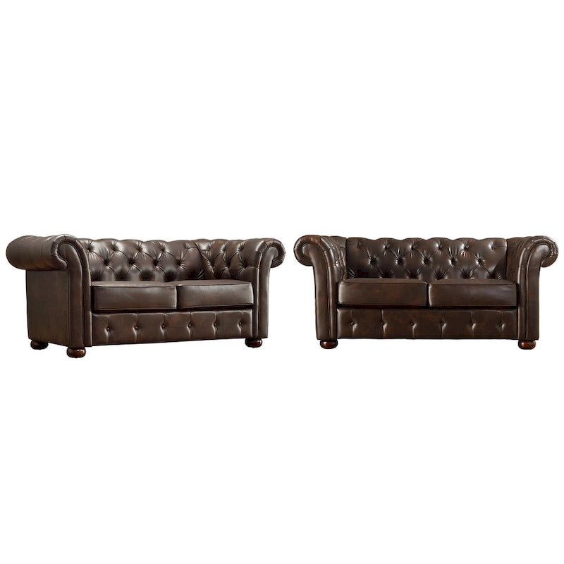 Causeuse capitonnée Chesterfield en cuir reconstitué marron/microfibre grise - 2 places