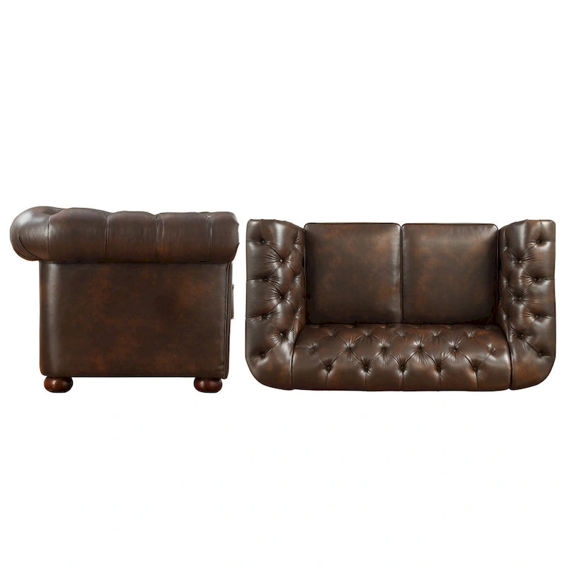 Causeuse capitonnée Chesterfield en cuir reconstitué marron/microfibre grise - 2 places