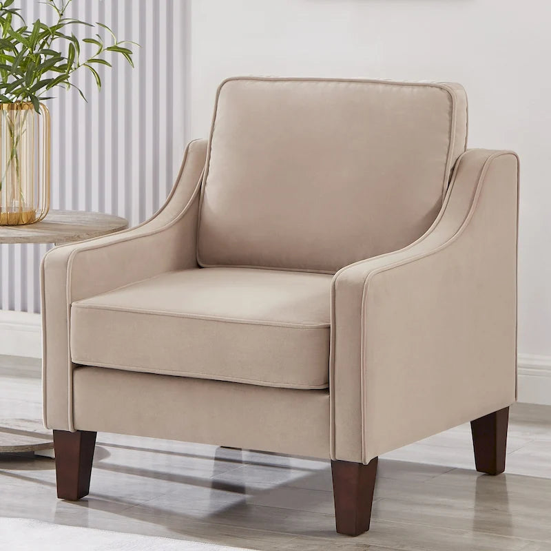 Fauteuil moderne en velours taupe/noir/bleu marine avec pieds en bois - Usage unique