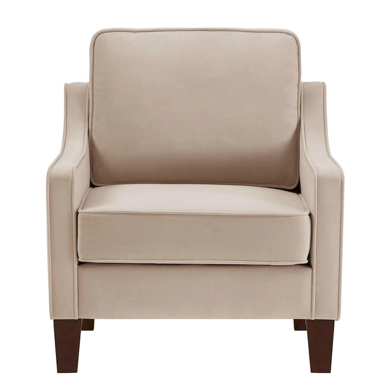 Fauteuil moderne en velours taupe/noir/bleu marine avec pieds en bois - Usage unique